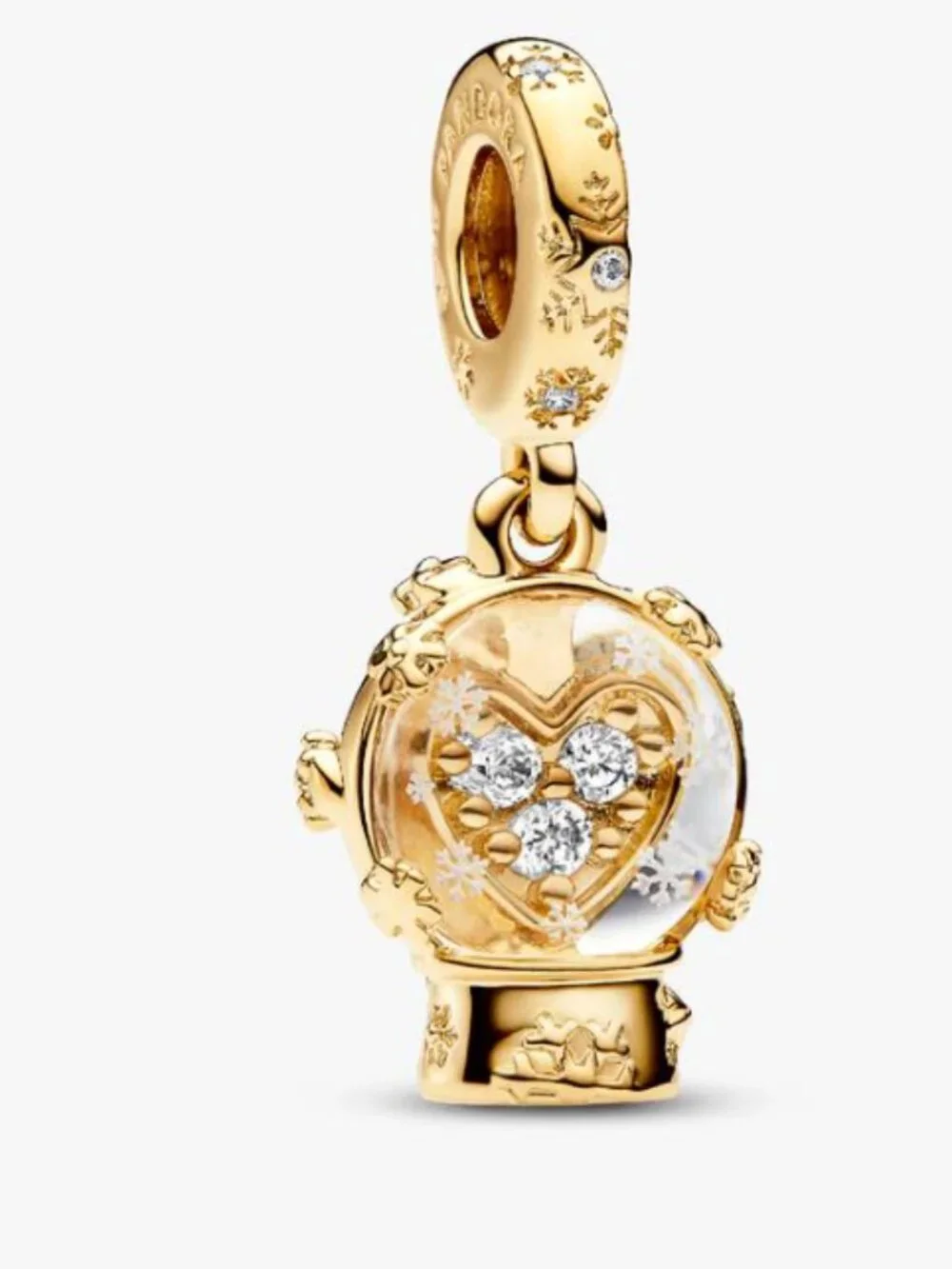 New Pandora Gold Heart Christmas Snowflake Snow Globe Dangle Charm 762825C01